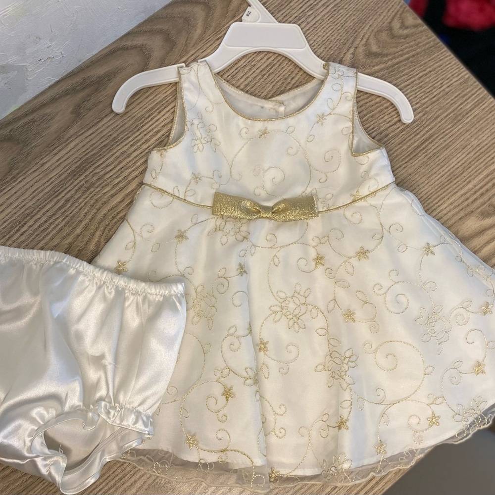 Chic White and Gold Baby Dress with Bloomers
